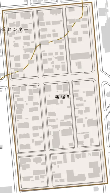 番場町とその周辺の地図。町の範囲を重ねている