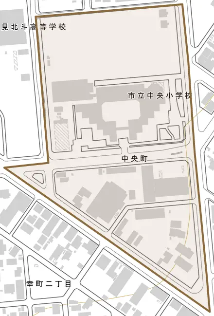 中央町とその周辺の地図。町の範囲を重ねている