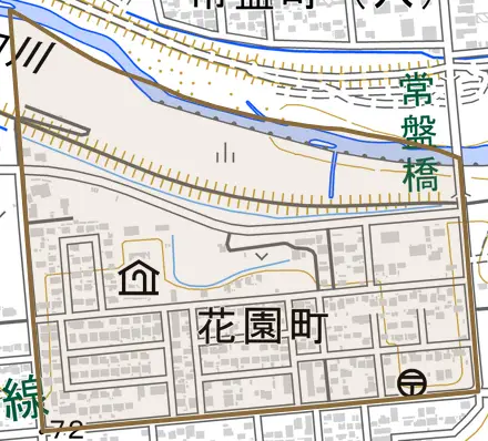 花園町とその周辺の地図。町の範囲を重ねている