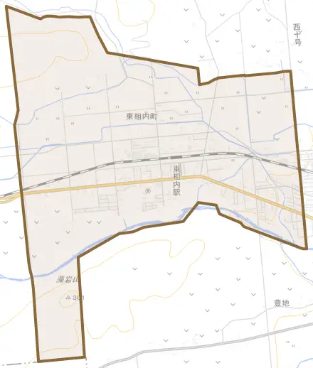 東相内町とその周辺の地図。町の範囲を重ねている