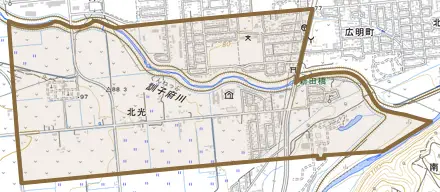 北光とその周辺の地図。町の範囲を重ねている