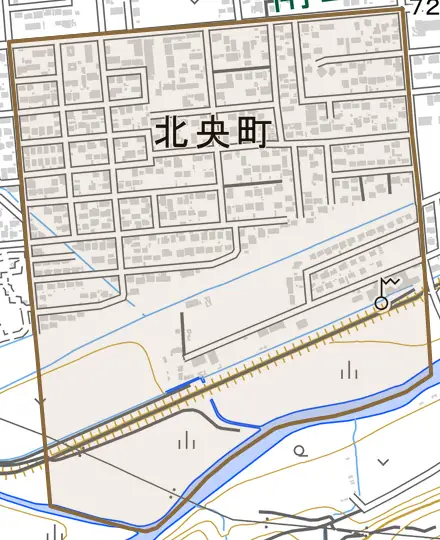 北央町とその周辺の地図。町の範囲を重ねている