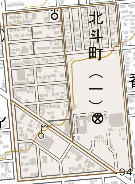 北斗町とその周辺の地図。町の範囲を重ねている