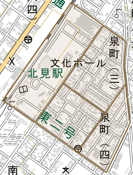 泉町とその周辺の地図。町の範囲を重ねている