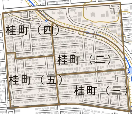 桂町とその周辺の地図。町の範囲を重ねている