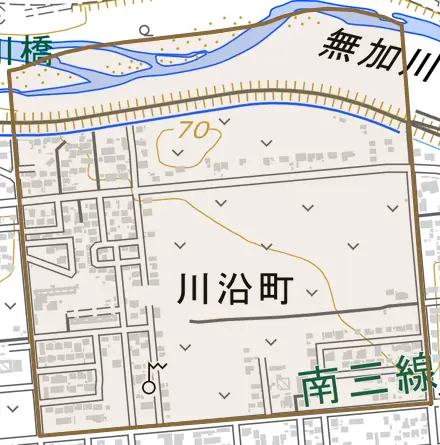 川沿町とその周辺の地図。町の範囲を重ねている
