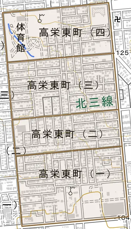 高栄東町とその周辺の地図。町の範囲を重ねている