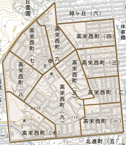 高栄西町とその周辺の地図。町の範囲を重ねている