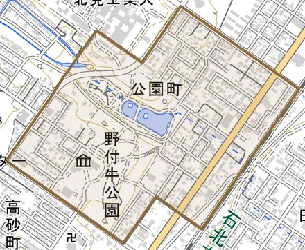 公園町とその周辺の地図。町の範囲を重ねている
