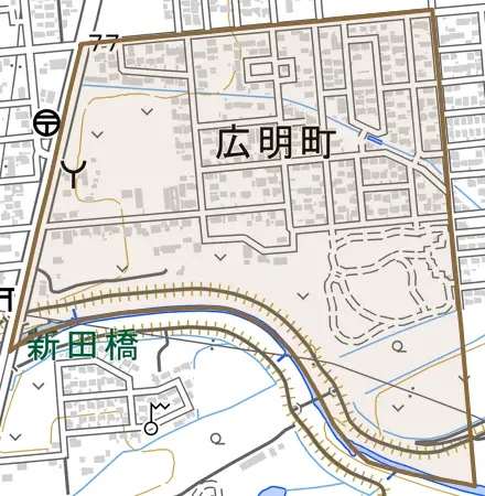 広明町とその周辺の地図。町の範囲を重ねている