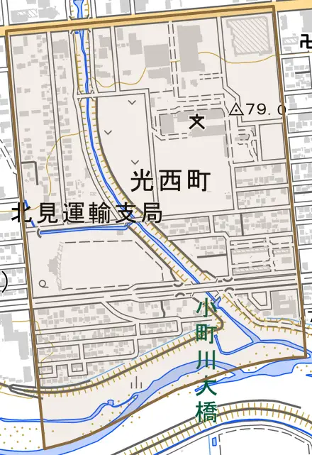 光西町とその周辺の地図。町の範囲を重ねている