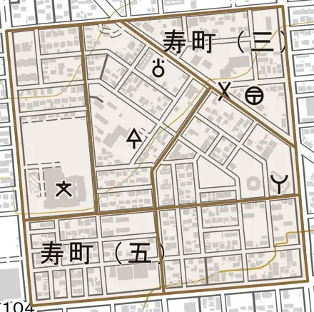 寿町とその周辺の地図。町の範囲を重ねている