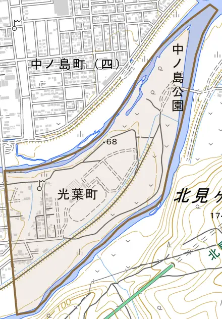 光葉町とその周辺の地図。町の範囲を重ねている