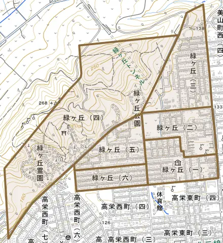 緑ケ丘とその周辺の地図。町の範囲を重ねている