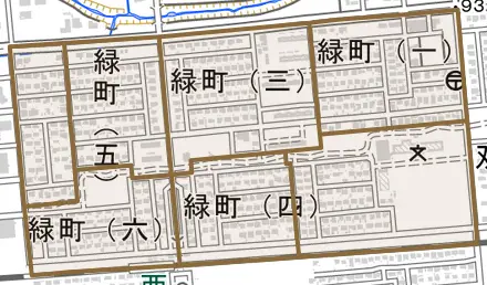 緑町とその周辺の地図。町の範囲を重ねている