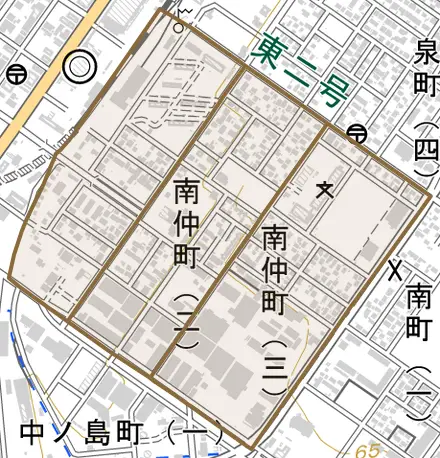 南仲町とその周辺の地図。町の範囲を重ねている
