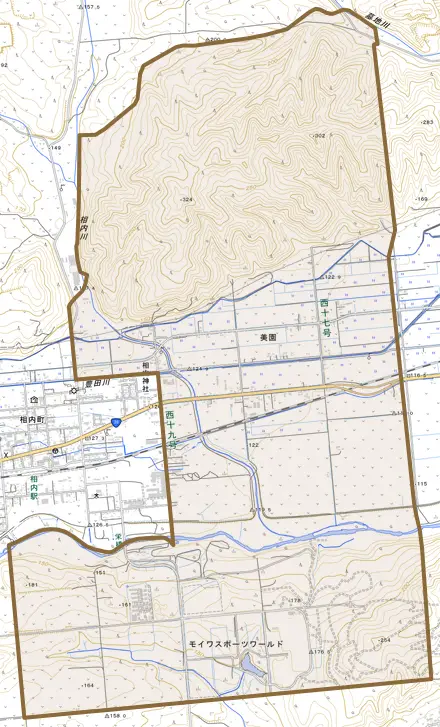 美園とその周辺の地図。町の範囲を重ねている