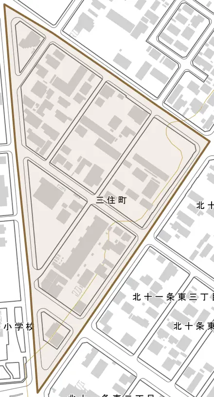 三住町とその周辺の地図。町の範囲を重ねている