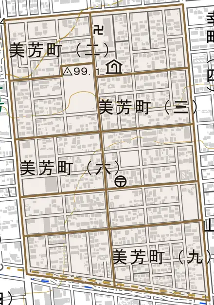 美芳町とその周辺の地図。町の範囲を重ねている