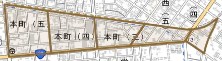 本町とその周辺の地図。町の範囲を重ねている