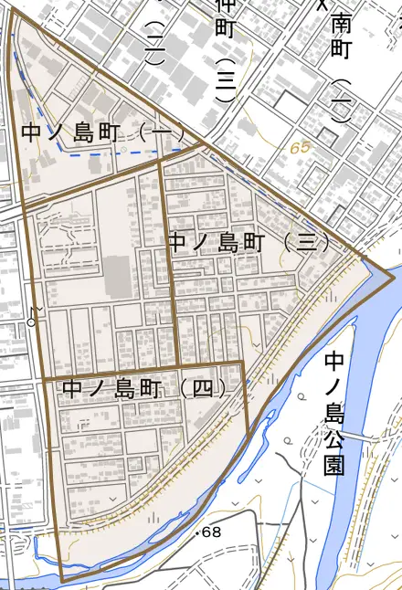 中ノ島町とその周辺の地図。町の範囲を重ねている