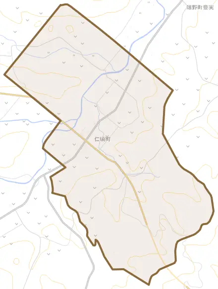 仁頃町とその周辺の地図。町の範囲を重ねている