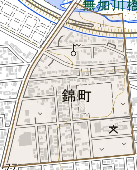 錦町とその周辺の地図。町の範囲を重ねている