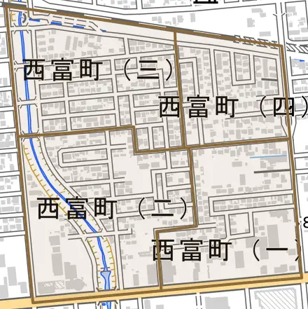西富町とその周辺の地図。町の範囲を重ねている