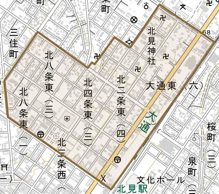 大通東とその周辺の地図。町の範囲を重ねている