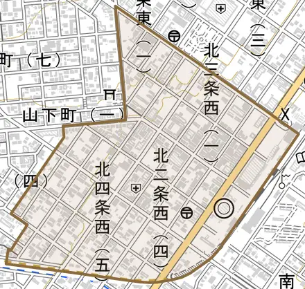 大通西とその周辺の地図。町の範囲を重ねている