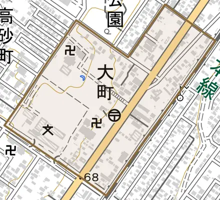 大町とその周辺の地図。町の範囲を重ねている