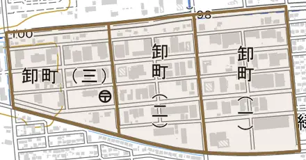卸町とその周辺の地図。町の範囲を重ねている