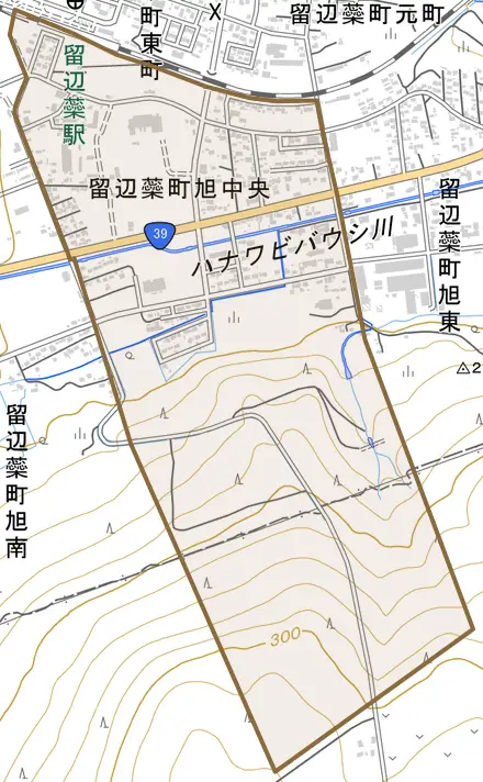 留辺蘂町旭中央とその周辺の地図。町の範囲を重ねている