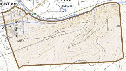 留辺蘂町旭東とその周辺の地図。町の範囲を重ねている