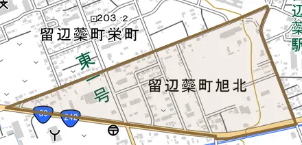留辺蘂町旭北とその周辺の地図。町の範囲を重ねている