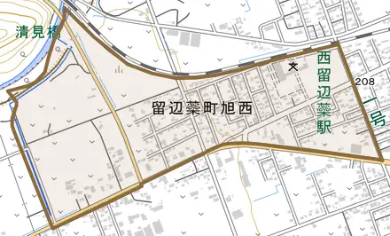 留辺蘂町旭西とその周辺の地図。町の範囲を重ねている