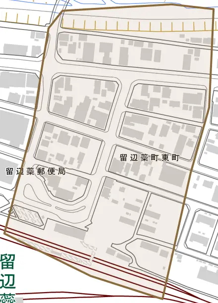 留辺蘂町東町とその周辺の地図。町の範囲を重ねている