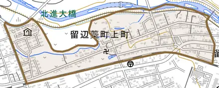 留辺蘂町上町とその周辺の地図。町の範囲を重ねている