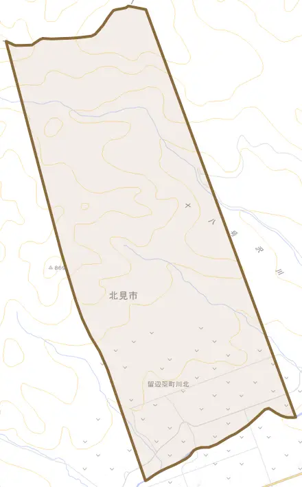 留辺蘂町川北とその周辺の地図。町の範囲を重ねている