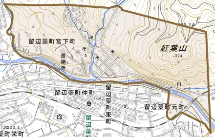 留辺蘂町宮下町とその周辺の地図。町の範囲を重ねている
