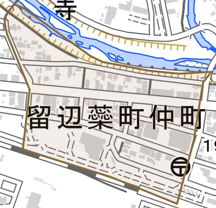 留辺蘂町仲町とその周辺の地図。町の範囲を重ねている