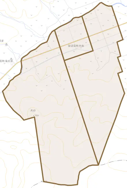 留辺蘂町大和とその周辺の地図。町の範囲を重ねている