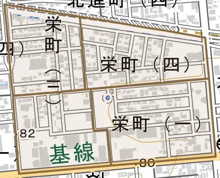 栄町とその周辺の地図。町の範囲を重ねている