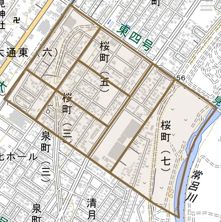 桜町とその周辺の地図。町の範囲を重ねている