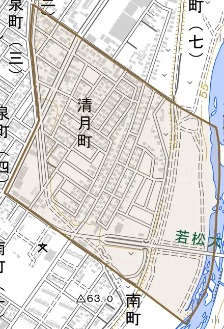 清月町とその周辺の地図。町の範囲を重ねている