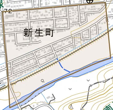 新生町とその周辺の地図。町の範囲を重ねている