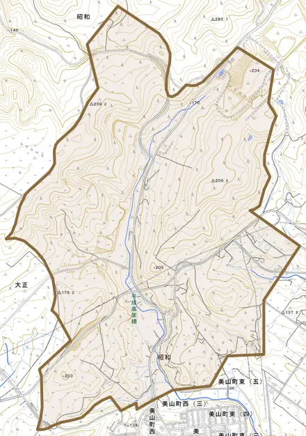 昭和とその周辺の地図。町の範囲を重ねている