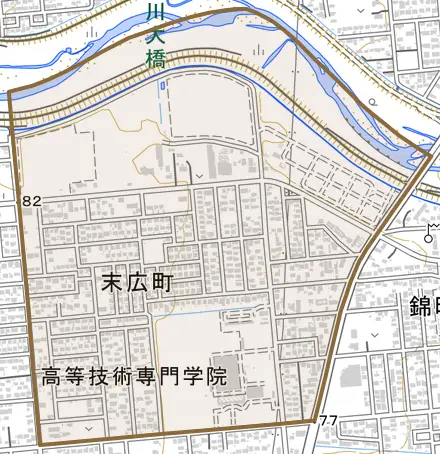 末広町とその周辺の地図。町の範囲を重ねている