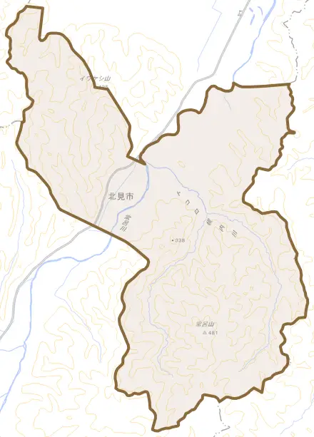 常呂町字福山とその周辺の地図。町の範囲を重ねている