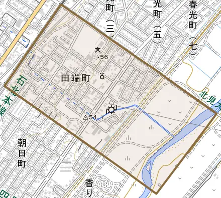 田端町とその周辺の地図。町の範囲を重ねている